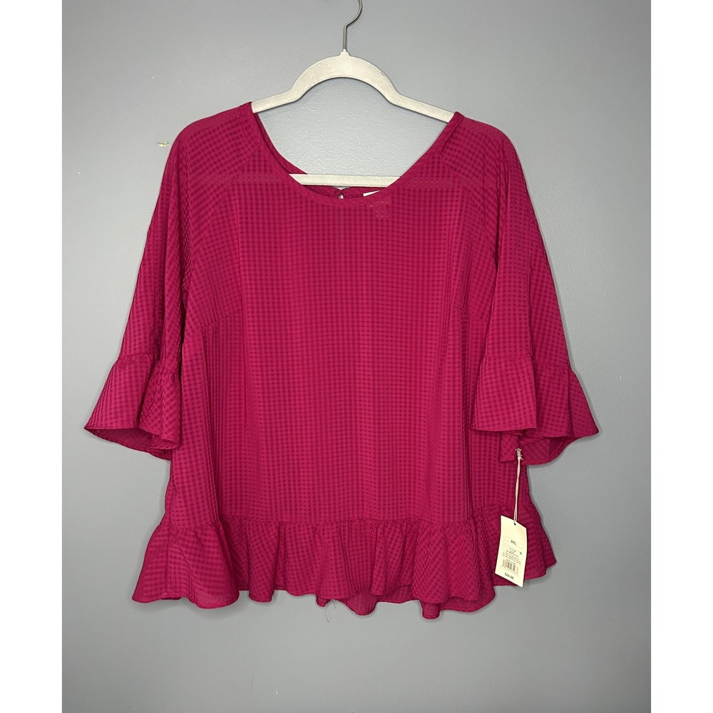A New Day Blouse Womens XXL Magenta Ruffle Hem 3/4 Bell Sleeve Textured Top